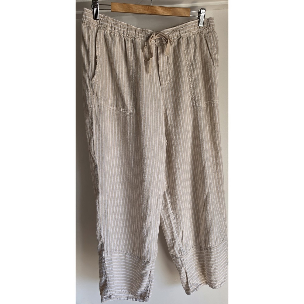 Casacabana Women L Linen Striped Pants Beige White Casual Resort Trousers